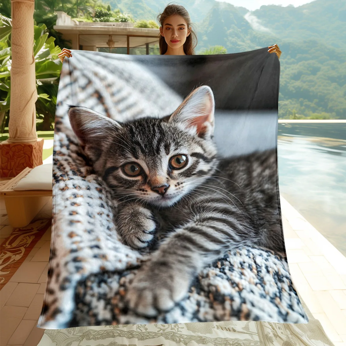 Custom Tabby Kitten Blanket Personalized Name Cat Lover Gift Fleece Throw All Season Soft Warm Bedding Home Decor for Kids Adult
