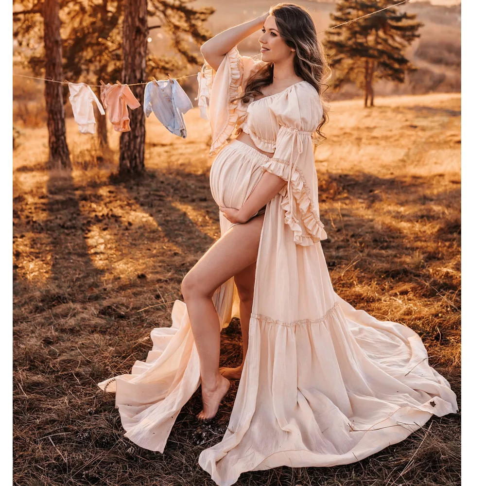 Böhmisches Fotoshooting-Schwangerschaftskleid, bequeme Baumwolle, plissierte Ärmel, zweiteiliges Set, Umstandsfotografie-Kleid, Outfit