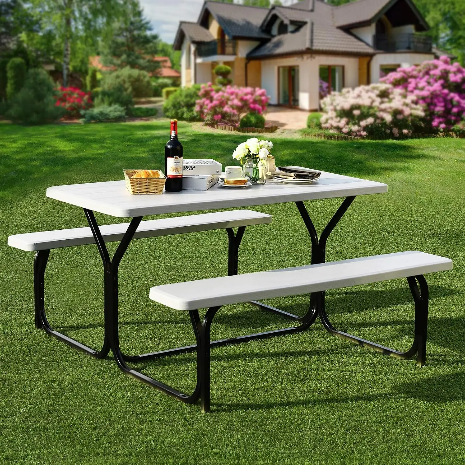 Picnic Table Bench Set Outdoor Camping All Weather Metal Base Wood-Like Texture Backyard Poolside Dining Party, Customized