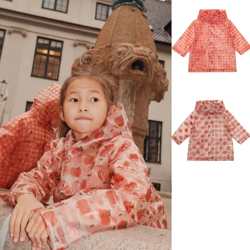 

Children's Raincoat 2025 Fall New Arrival Strawberry Print Fashion Outdoor Girls' Windbreaker Kindergarten Baby Hooded Raincoat