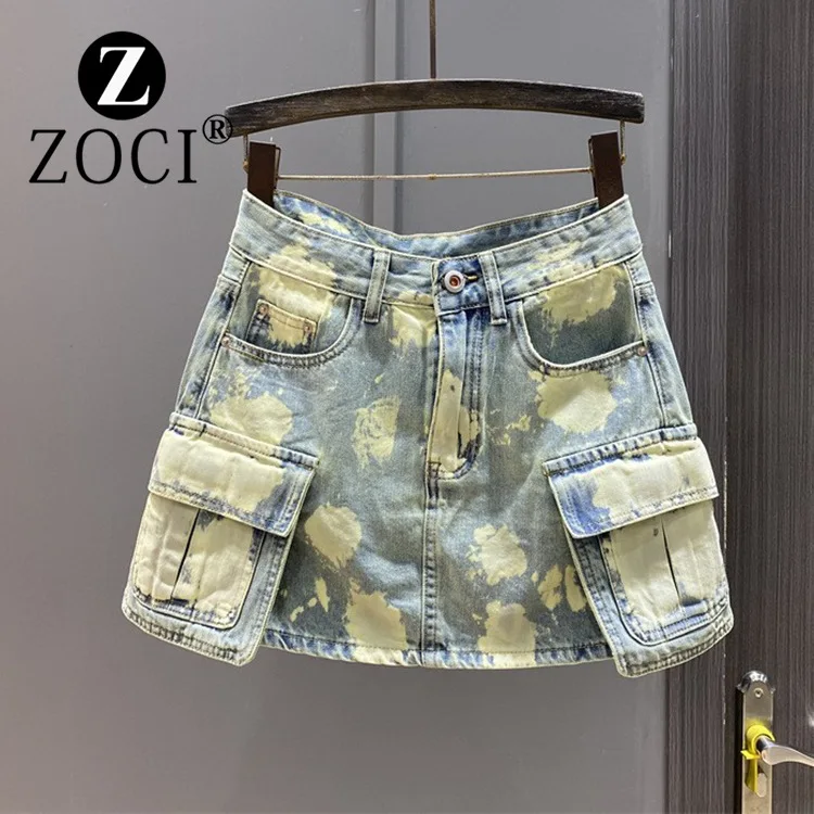 

[ZOCI] Contrasting Workwear Design, Denim 2024 Summer New Pine Versatile A-line Hip Hugging Short Skirt Trend