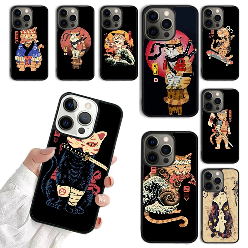 Japanese Style Ukiyo e Cat Art Phone Case For iPhone 15 16 11 12 13 14 Pro Max Mini Cover For iPhone Max 7 8 Plus Fundas