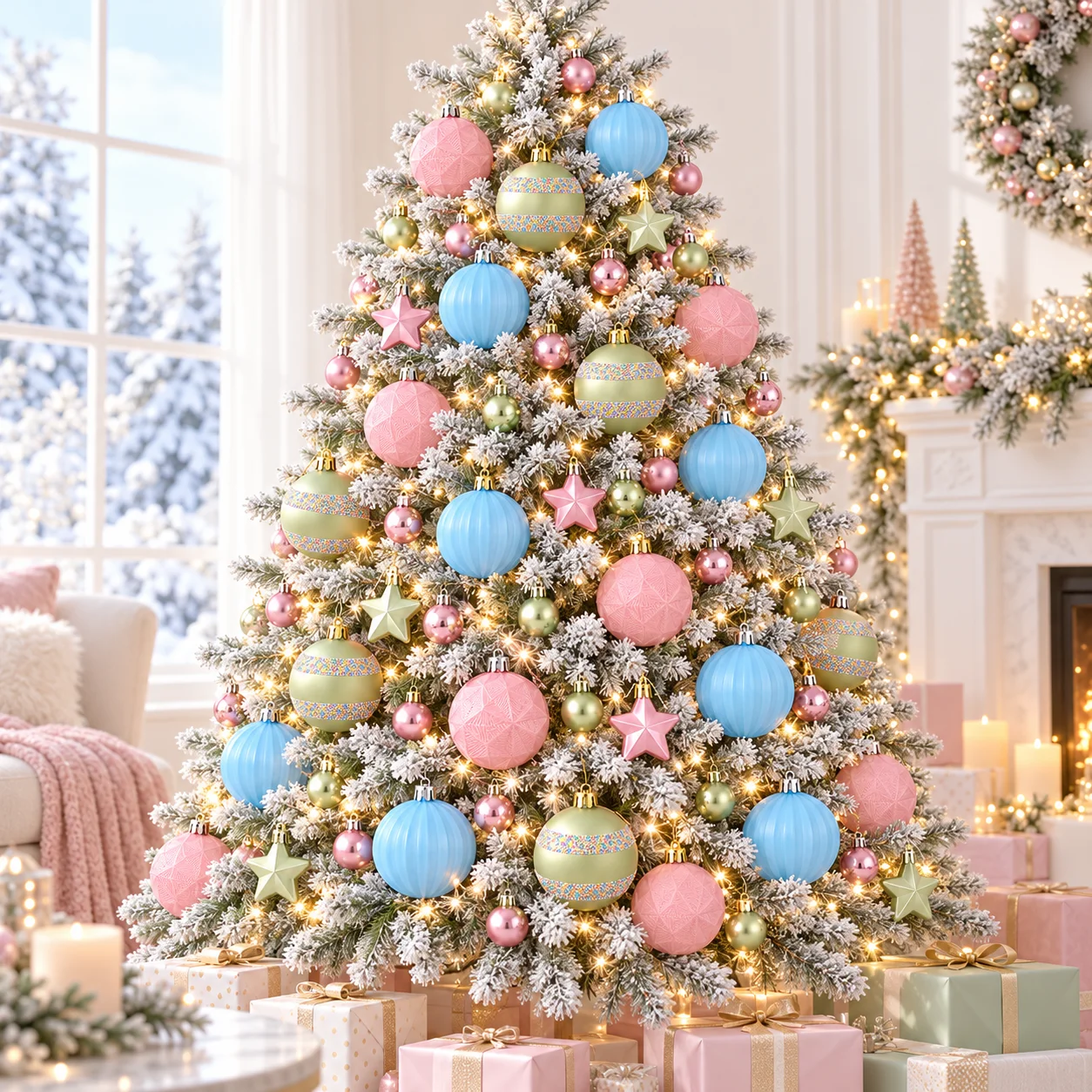 44PCS Pastel Christmas Ornaments Set, Pink Blue Green Balls & Stars, 3cm 6cm Hanging Decorations for Xmas Tree Party