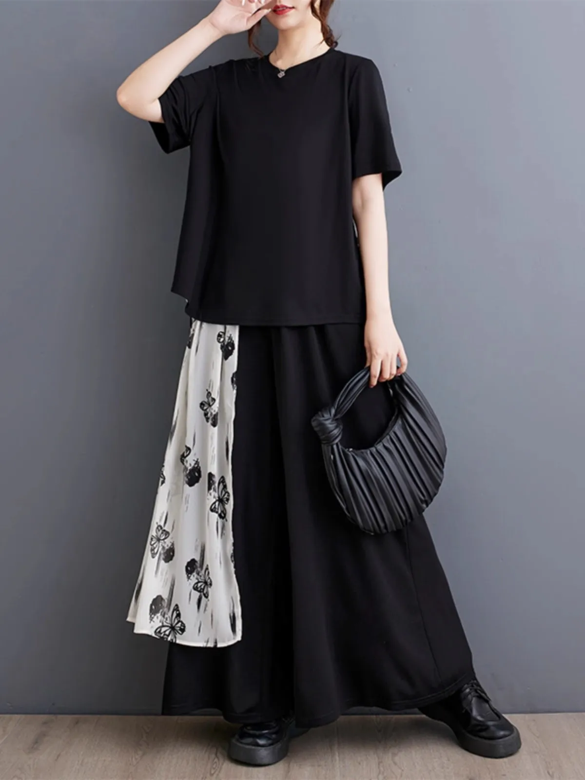 

2024, весна-лето, новая мода, женский свободный топ с короткими рукавами и бабочкой в стиле пэчворк, женские широкие брюки, комплект из двух предметов J1000