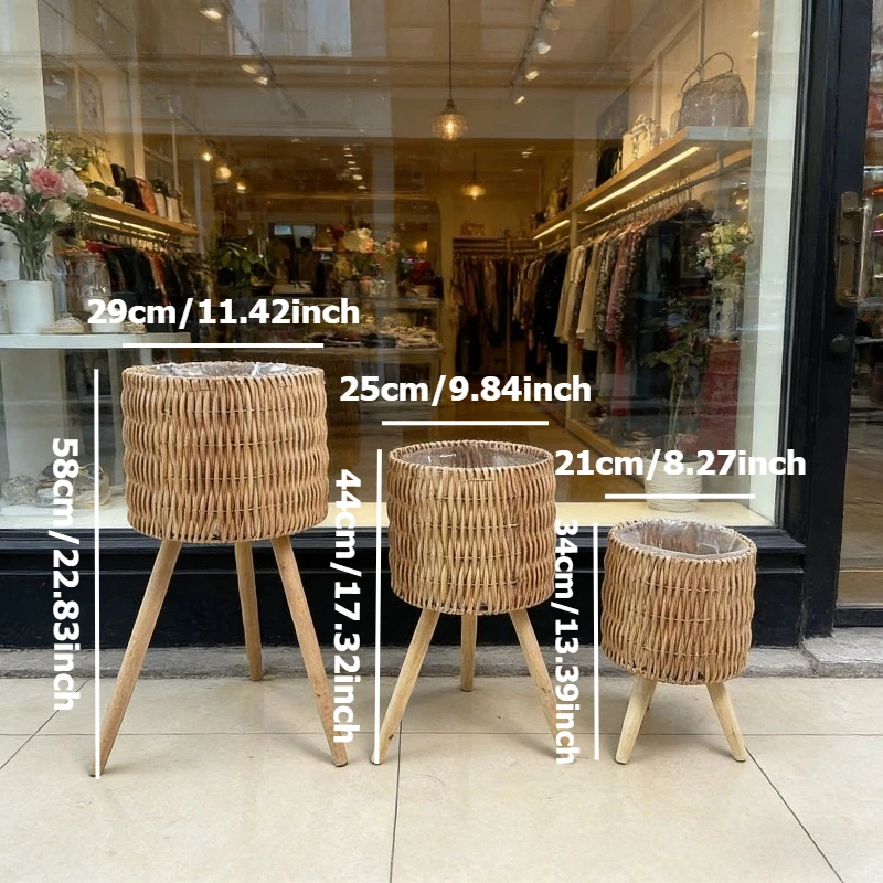 1PC Natural Rattan Woven Plant Stand with Removable Legs Tall Floor Standing Flower Pot Holder for Indoor Outdoor Garden Decor
