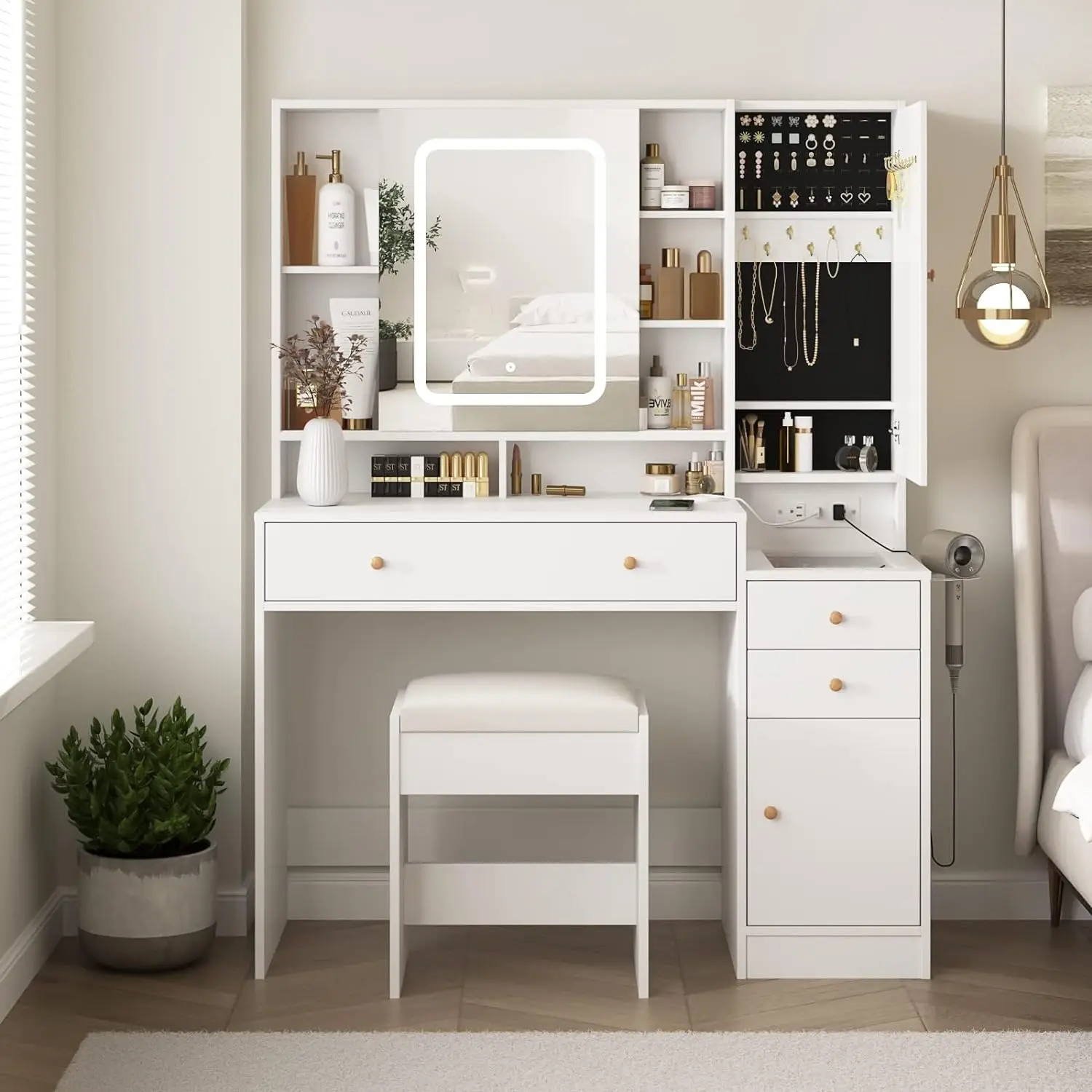 

Vabches White Vanity Desk with Mirror and Lights, Vanity Table Makeup Vanity with Lights 3 Drawers and Cabinets