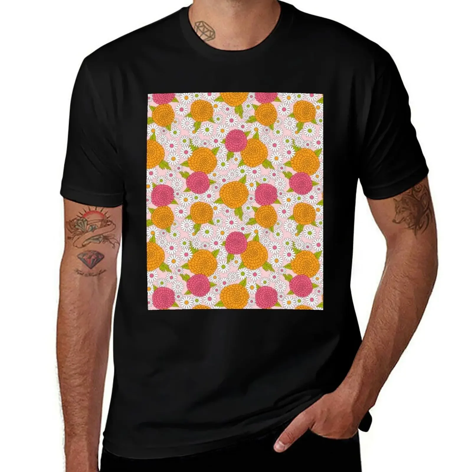 Zinnia Daisy Delight Pink Orange Floral Flower Power T-Shirt oversized oversized t shirt customizeds tops mens t shirt graphic