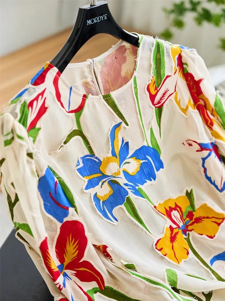 

Imported Brand Embroidered Floral Long Sleeve Shirt Heavy Work Lace Trim Blouse Ladylike Commute Style round Neck Button Placket