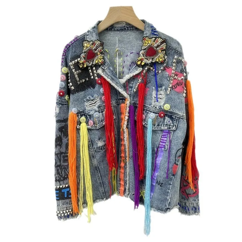Women's New Unique Fringe Hand-painted Graffiti Denim Short Jacket Diamond-encrusted Coat Spring Autumn Trendy Streetwear Design