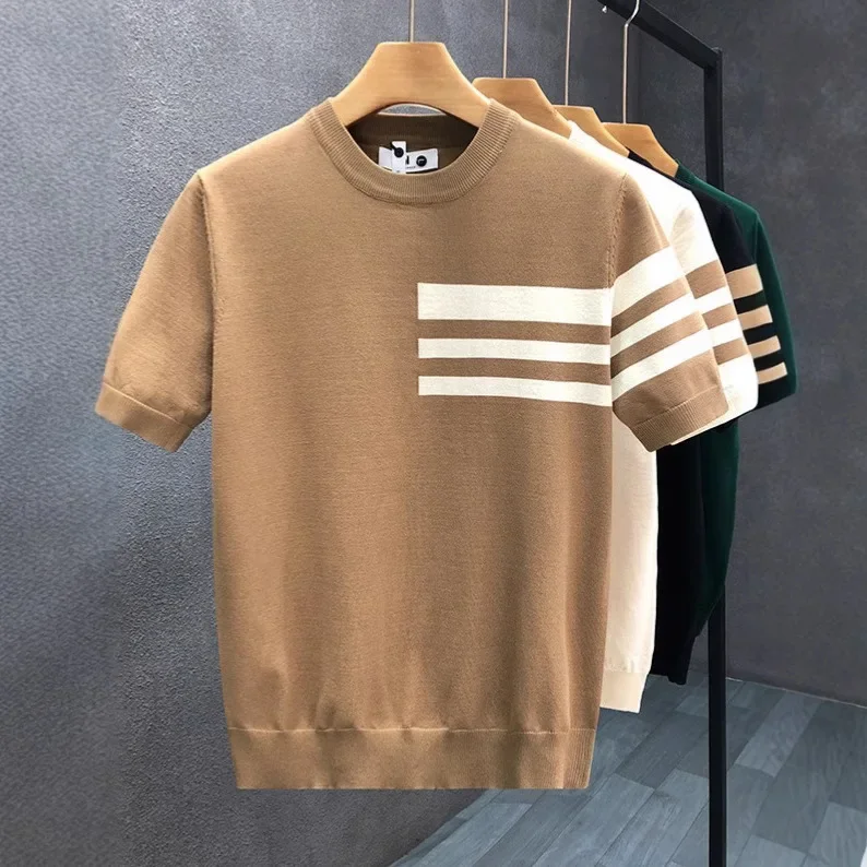Korean Style 2025 Summer New Fashion Men's Striped Contrast Color O-neck Short Sleeve Breathable