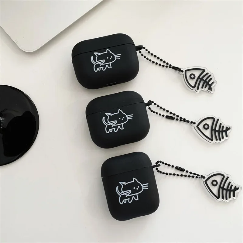 Fish Bones Cute Cat Case for AirPods 4 Airpod 1 2 3 Pro Pro2 Bluetooth Earbuds Charging Box Protective Earphone Case Cover