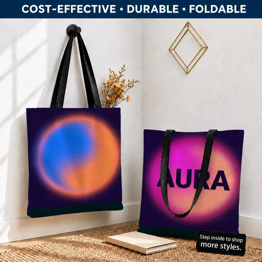 Vibrant abstract aura gradient Storage Bags Polyester Canvas Tote Lightweight Foldable Reusable Shopping Bag Shoulder Straps