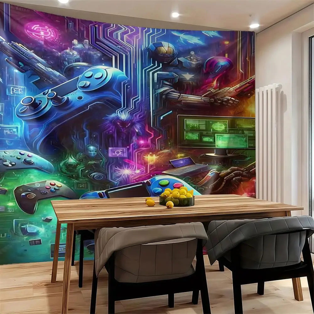 Cyber Gaming Neon Tapestry Wall Hanging Futuristic Digital Print Wall Decor for Bedroom Living Room Home Art