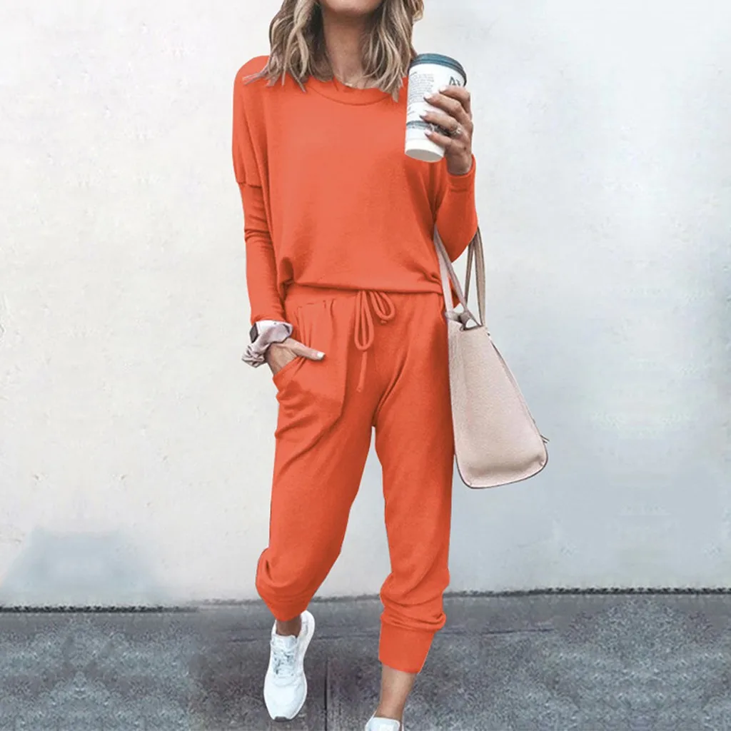 Solid Long Sleeve Pullover Sweatsuits Bandage Loose Sweatpants Suits Female Tracksuit Fleece 2 Pieces Set Women Sports O-Neck