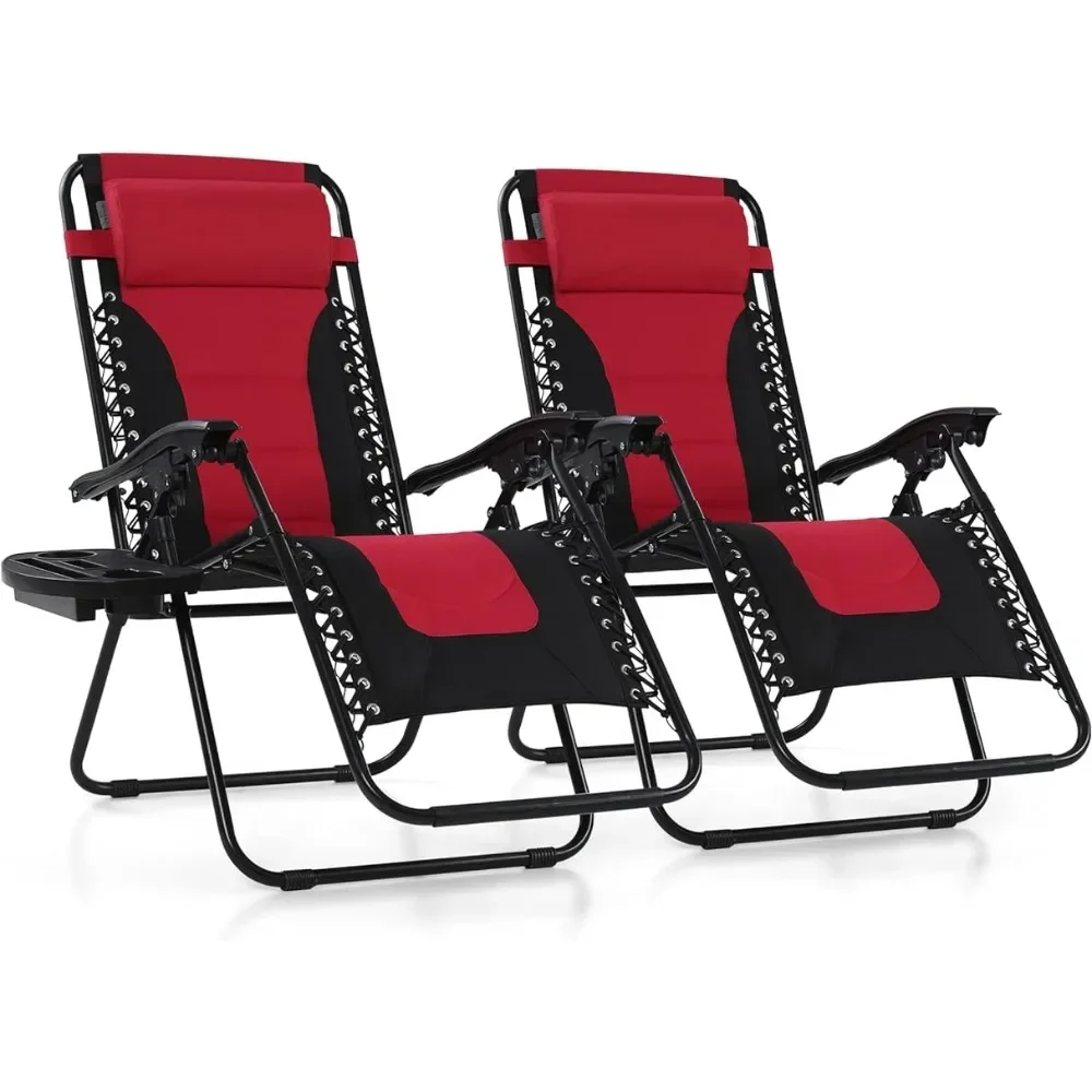 Foldable Terrace Lounge Chair with Adjustable Headrest and Cup Holder, Supporting 350 Pound (red) Lounge Chair