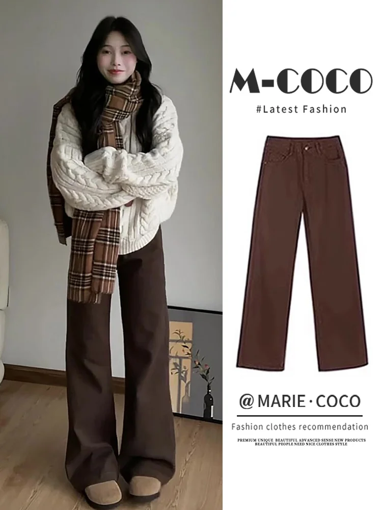 

High Waist Thickened Fleece Wide Leg Jeans Women's Autumn Winter Warm Versatile Slim Straight Long Pants Brownish Black