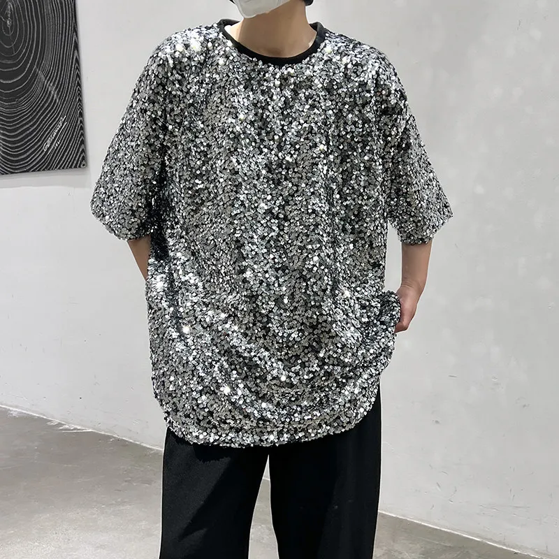 Men's Summer Sequin T-shirt Korean Casual Fashion Male High Street Stage Performance Loose Shiny Short Sleeved Tees