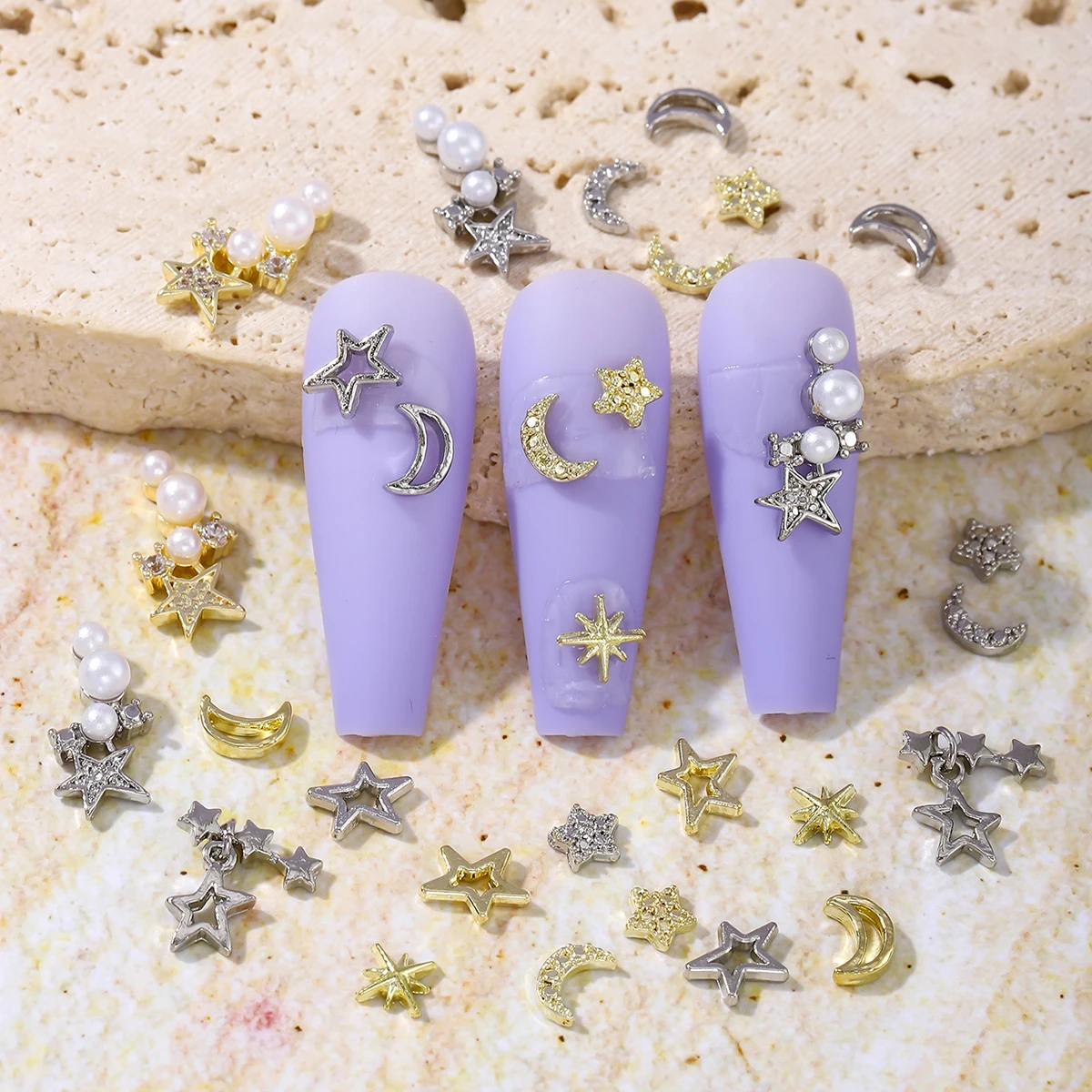 60 gold and silver mini stereo-star Pentagram Crescent Manicure decoration, y2k alloy rhinestone nail sparkly simple nail drill