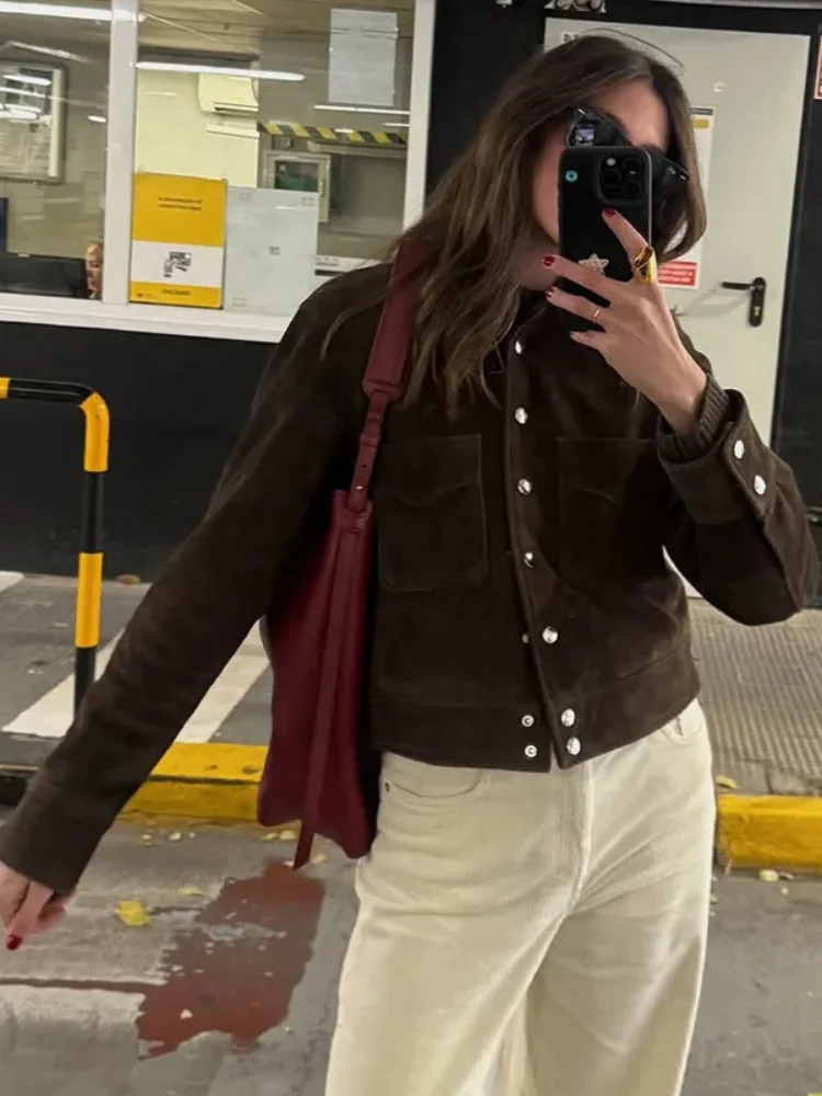 Women'S Fashion Utility Jacket - Dames Vintage Bruine Revers Korte Utility