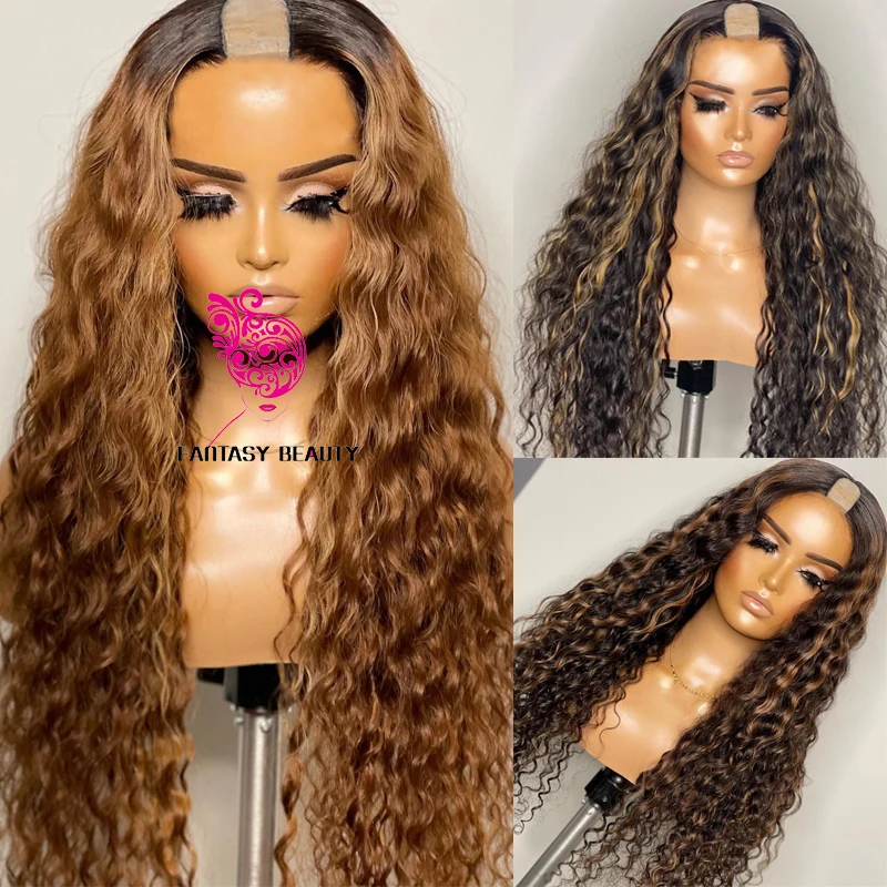 

Highlight Natural Wave Brown 1x4 Opening U Part Human Hair Wigs for Black Women Glueless 200Density Ombre Blonde U Part Wigs