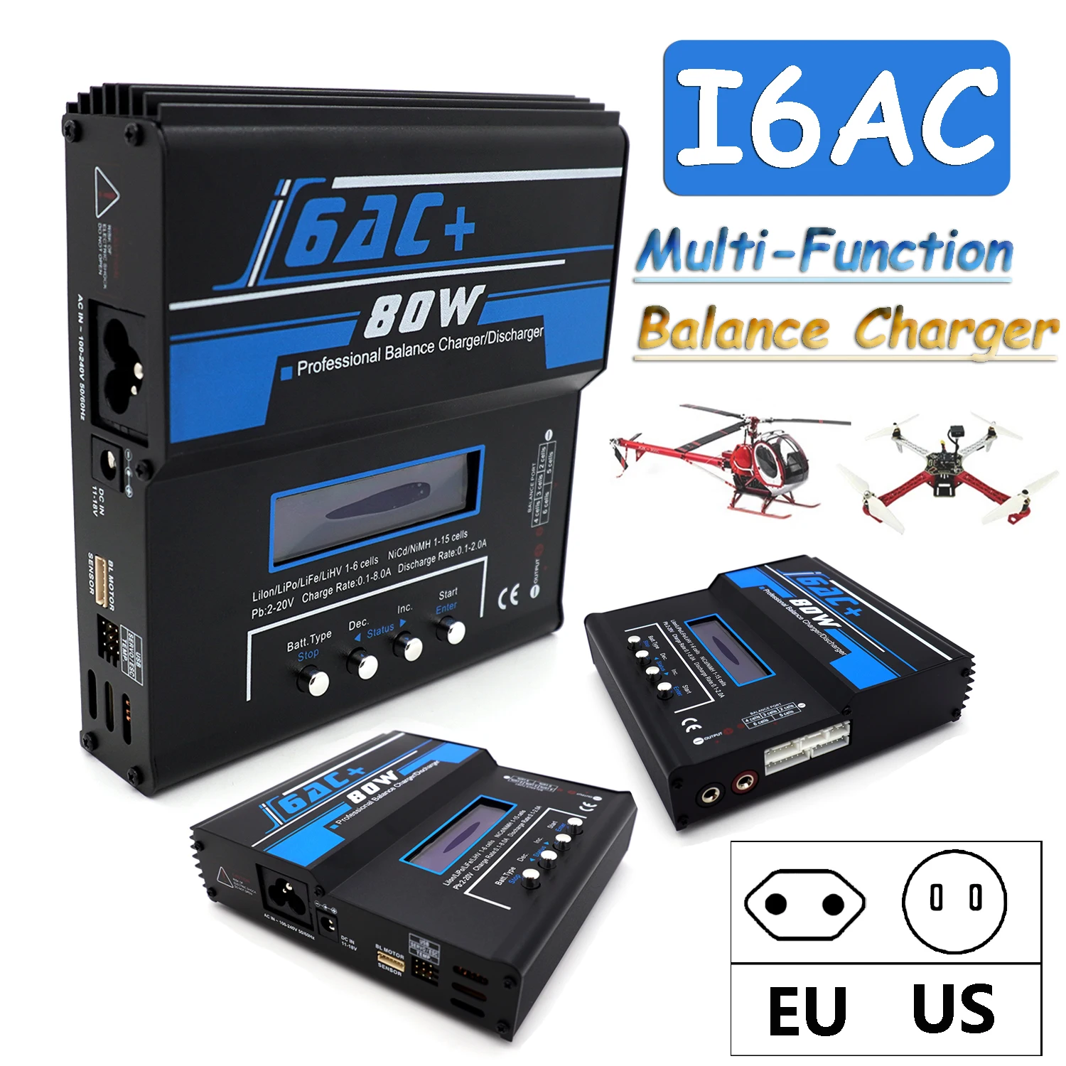 

RC Многофункциональное интеллектуальное балансное зарядное устройство I6AC 80 Вт/дисплей с адаптером, вилка США/ЕС для радиоуправляемого автомобиля, лодки, FPV, детали модели самолета