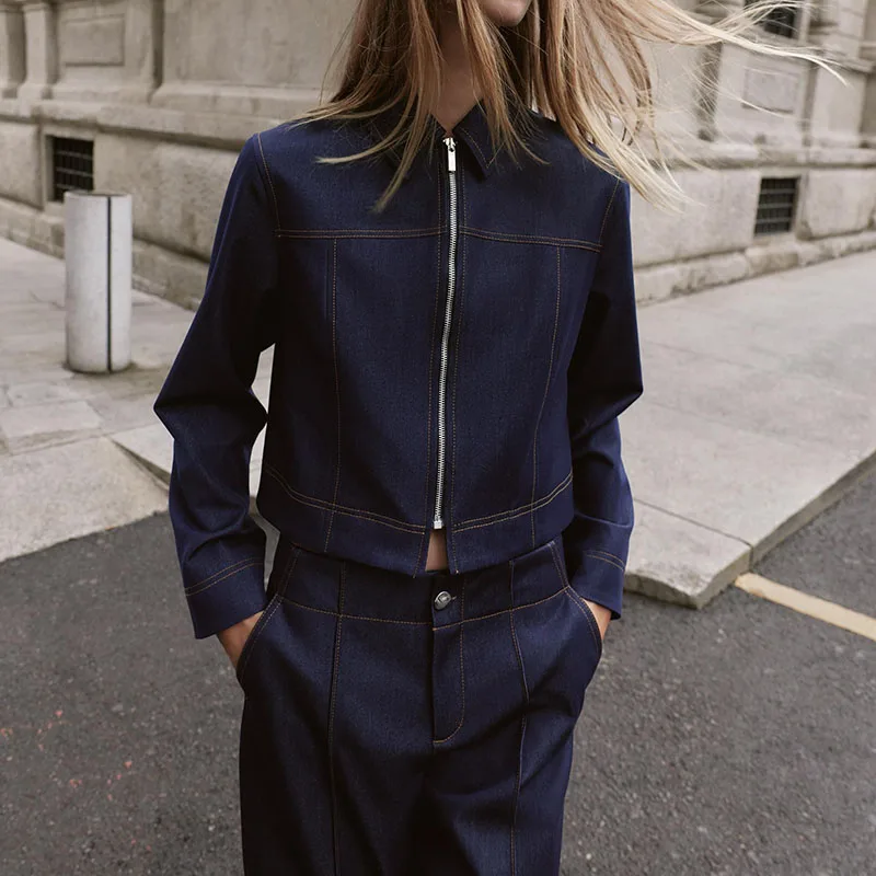 Nova Chegada Jaqueta Fena de Outono com Calças Flare, F de Zíper, Manga Longa, Estilo Casual, Ajuste Padrão, Moda Fem...