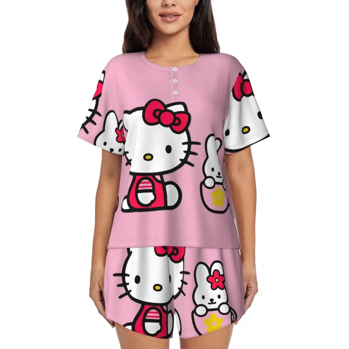 

Пижамный комплект с героями мультфильмов Hello Kitty для женщин, одежда для сна с коротким рукавом, домашняя одежда, 2 предмета, Pjs