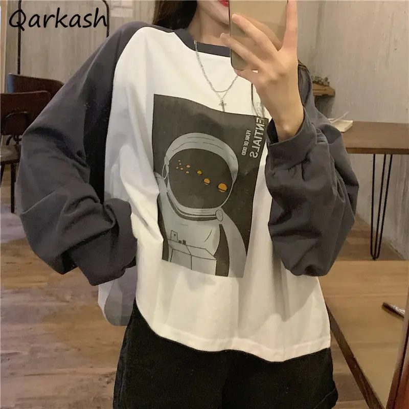 Baggy L-4XL Bluzy Damskie O-neck Studenci Ulzzang Nadrukowane Panele Szykowny Podstawowy Wiosenny Jesienny Design Harajuku Y2k Dziewczęcy OOTD