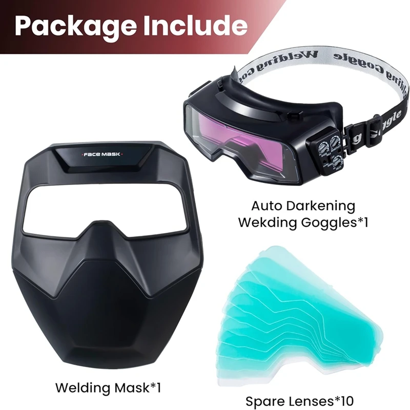 Auto Darkening Welding Goggles, Wide Rang Shade 4/5-9/9-13, Welding Glasses With Welder Mask And 10 Replacement Lenses