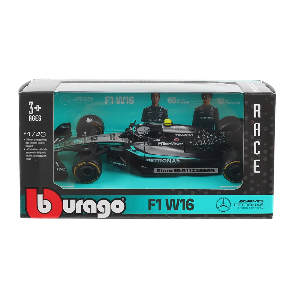 Bburago 1:43 F1 Mercedes-AMG 2025 W16 # 63 جورج راسل # 12 لعبة نموذج سيارة كيمي أنطونلي مصنوعة من خليط معدني قابلة للتجميع