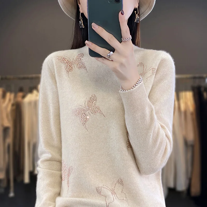 Women's Sweater Pullover Long Sleeve Autumn/Winter New Sweater Half High Neck Knitted Seamless Butterfly Inlaid Diamond Warm Top