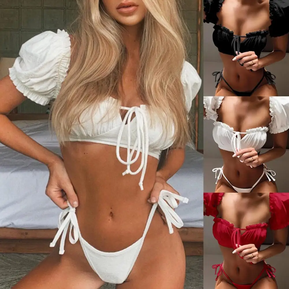 Two-piece 2Pcs/Set Stylish Pure Color Wireless Swimwear Ladies Split Bikini Ruffles Edge   for Vacation