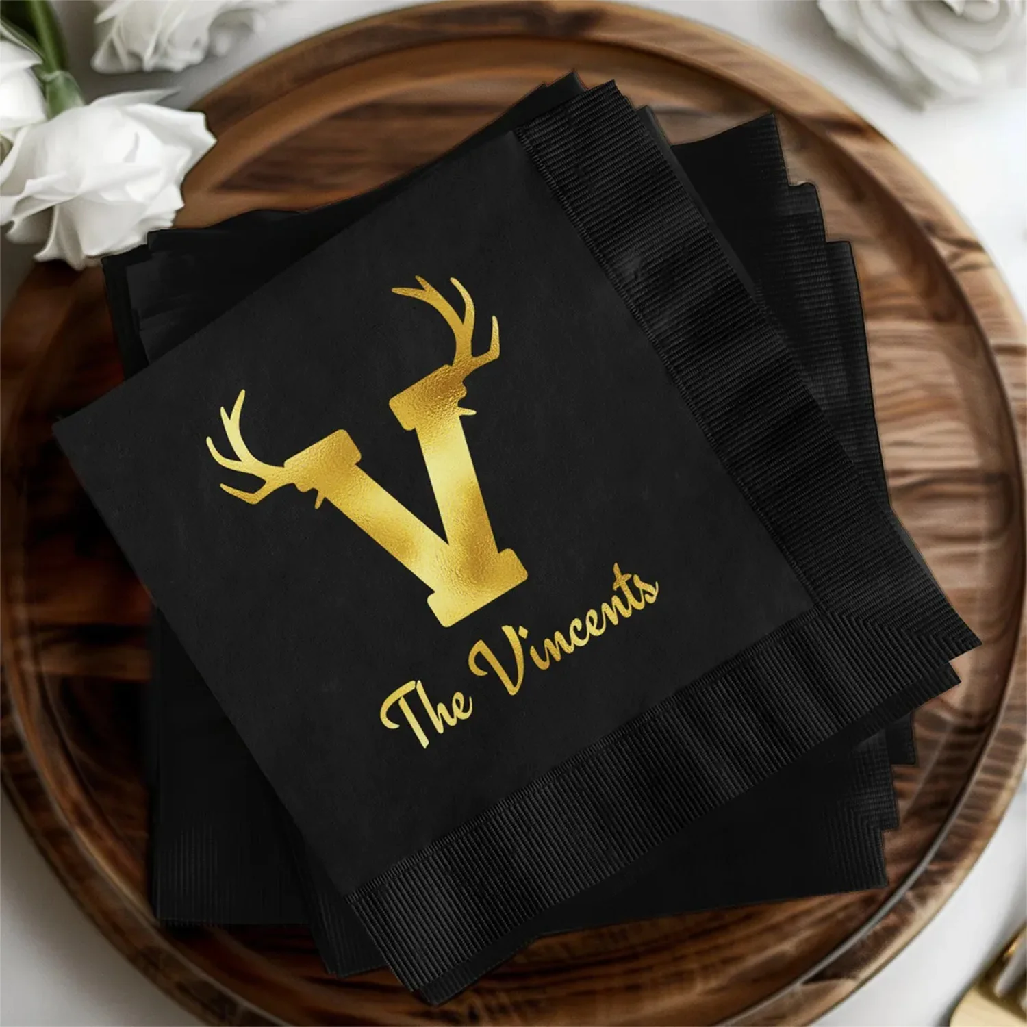 50 PCS Personalized Initial 'V' Cocktail Napkins, Custom Monogram Napkins, Holiday Reindeer Luncheon Napkins, Christmas Reindeer