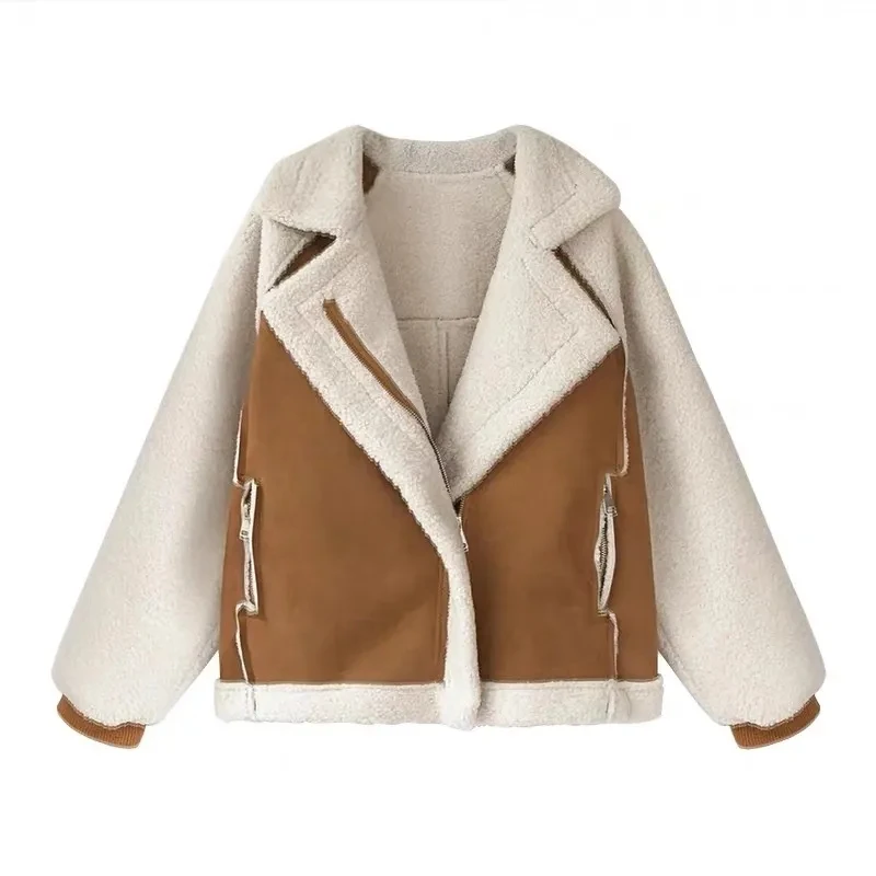 Autumn Winter 2024 New Loose Suede Spliced Jacket Women\'s Turn down collar Warm Coat Female Short Lamb Fleece Motorcycle Jackets