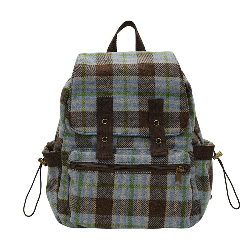 Korean Fashion Women's Backpack Retro Leisure Commuter Flap Plaid Backpack College Students Schoolbag Travel Two-shoulder Bag
