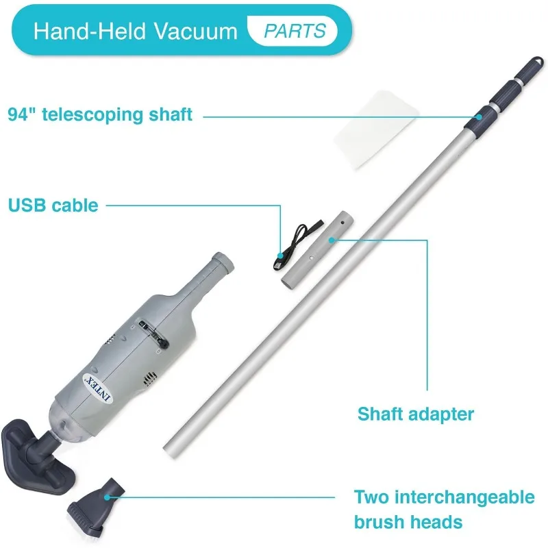 Rechargeable Handheld Above Ground Swimming Pool  with 94 Inch Telescoping Shaft and 2 Interchangeable Brush Heads