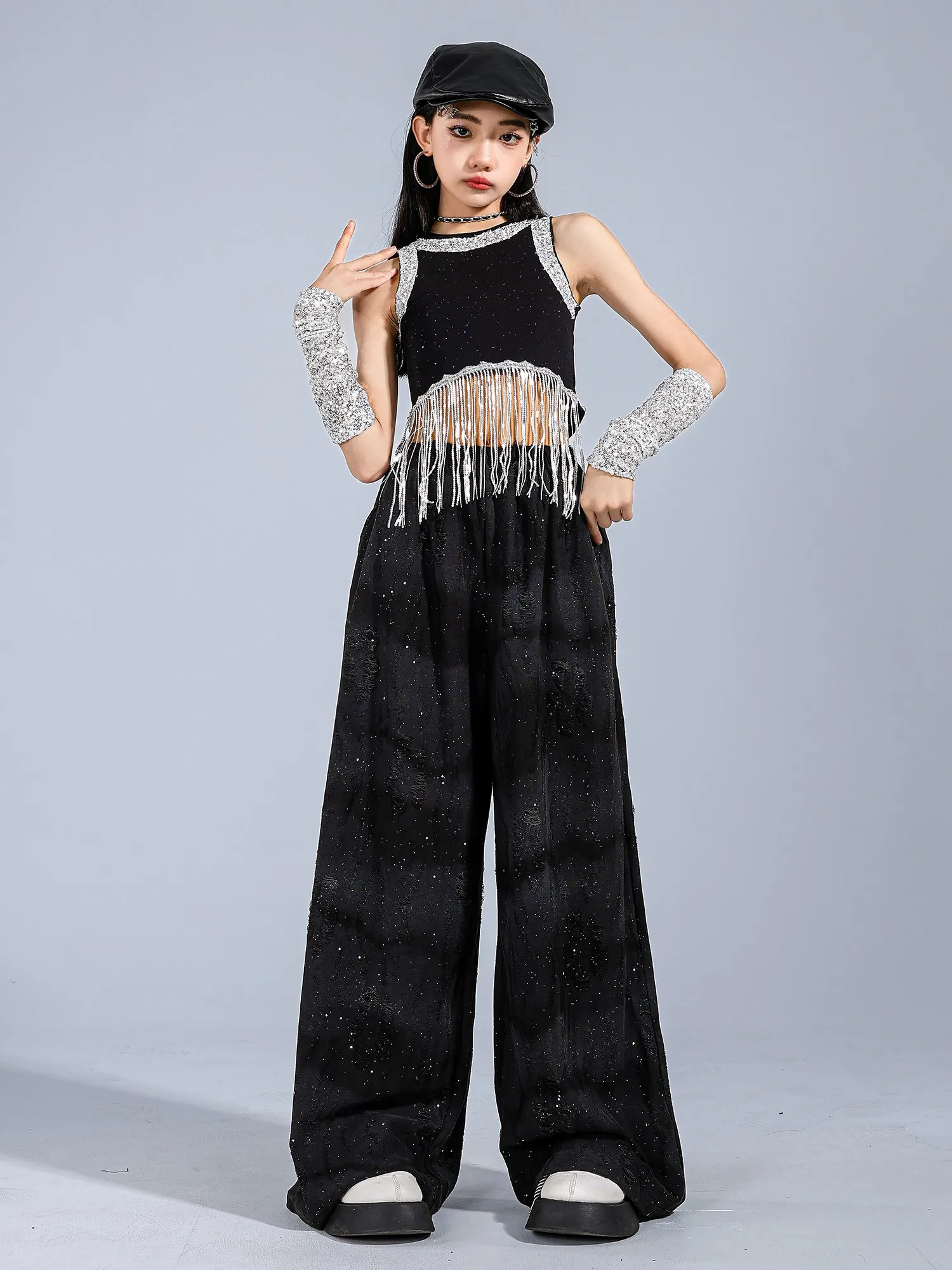 여자 Kpop 치어 리더 재즈 의상 힙합 댄스 복장 블랙 스팽글 배꼽 탑 바지 콘서트 무대 공연 슈트 BL16699