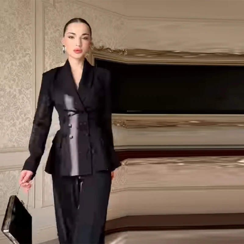 Perlenbesetztes A-Linien Blazer-Jacken-Hosen-Set mit Revers, schmaler Taille, Schnürung, Anzugjacke und weit geschnittener Anzughose – Neue Damen-Party-Outfits 2026 – Detail 7