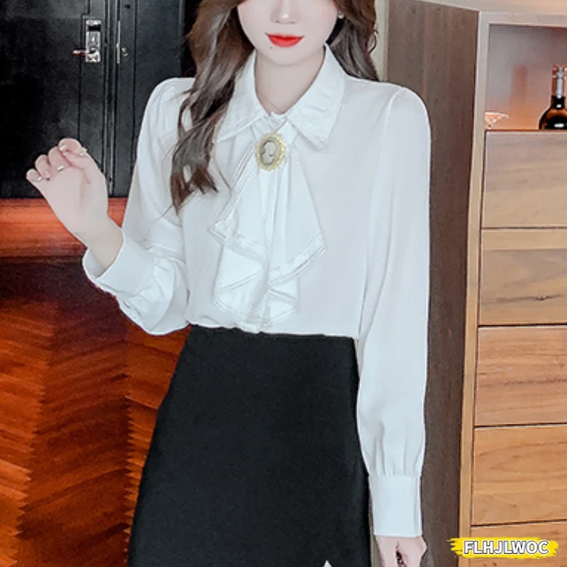 Bow Tie Tops Blouses New 2024 Women Long Sleeve Elegant Office Lady Work Solid White Shirts Ruffled Chic Tops Blusas