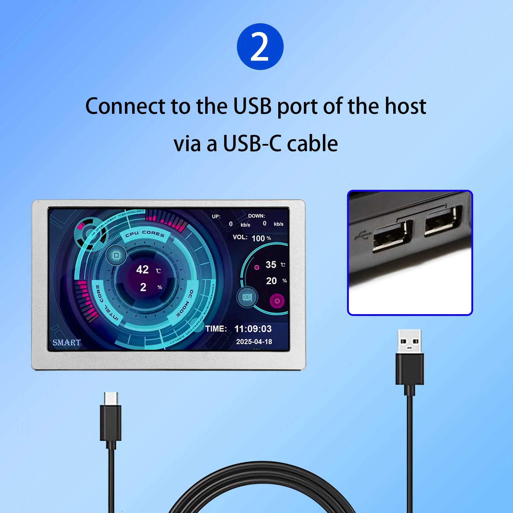 PC 케이스 CPU GPU 온도용 USB 유형 C 및 9핀 케이블이 포함된 5인치 실버 IPS LCD 모니터