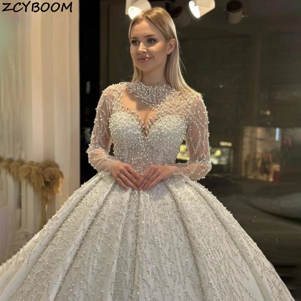 Customized Luxury Sparkly Crystal Sequin High Neck Beaded Ball Gown Wedding Dresses 2024 Long Sleeves Court Train Bridal Gowns