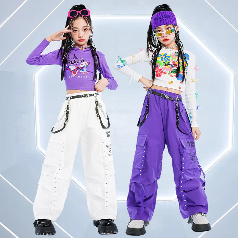 Mädchen Hip Hop K-Pop Crop Hoodies Street Dance Cargo Hosen Kinder Streetwear Tiered Röcke für Kind Jazz Lila Kostüm Sets
