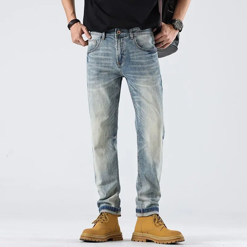 Youth  Elastic Light Blue Jeans for Spring and Summer 2025 Casual  Luxury Comfortable Versatile Small Straight Leg Pants