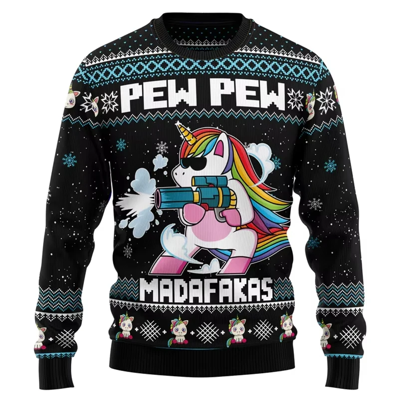 Funny Unicorn Graphic Sweatshirt For Men Fashion Trend Holiday Xmas Crew Neck Ugly Christmas Sweater Loose Streetwear