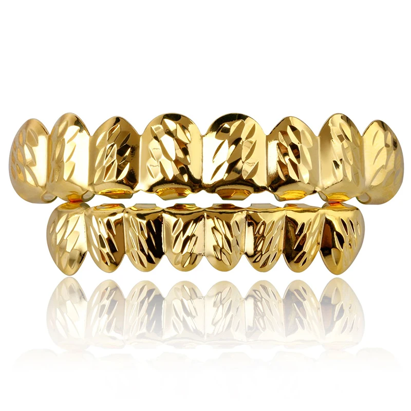 Hip Hop Bling Gold Color 8 Teeth Rugged Hip Hop Grillz Top Bottom Teeth Grillzs Dental Grills Men Rapper Jewelry