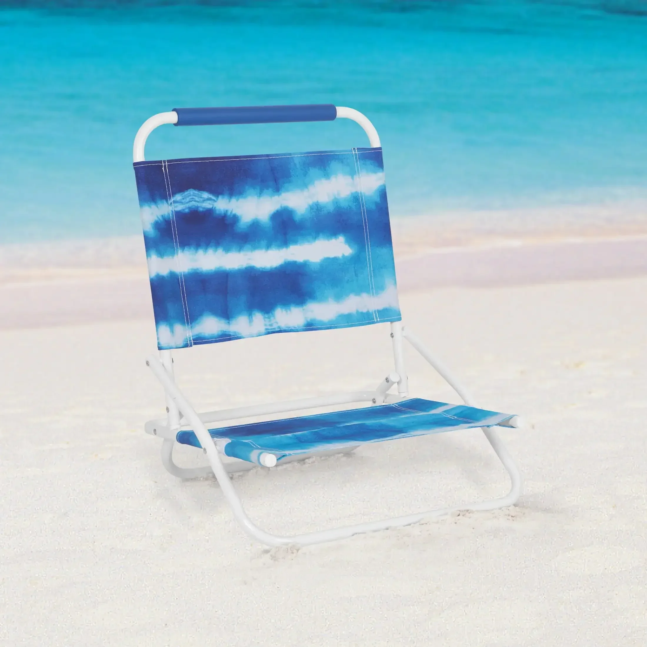 

Folding Beach Sand Chair Blue Tie Dye Colorful and Durable Weather Resistant Polyester Fabric Folds for Compact Storage