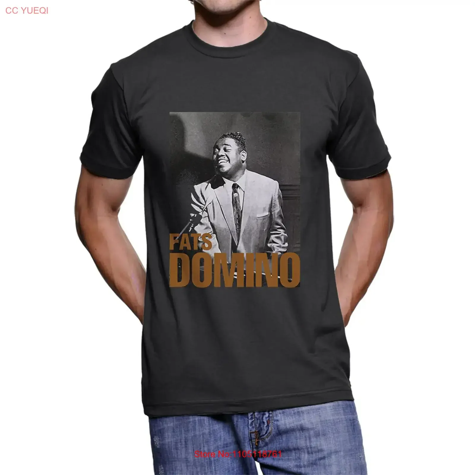 THE Fats Domino SHORT SLEVEE T shirt Black Color vintage Washed Slightly fashion Casual Versatile graphic Soft Stylish