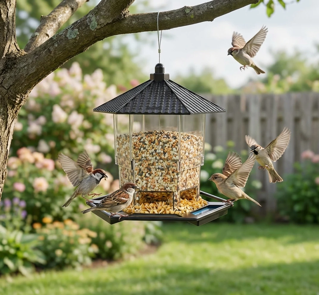 Acryl-Vogelfutterspender für Draußen zum Aufhängen, Wetterfester Wildvogel-Futterspender mit 360-Grad-Fütterungstablett Geschenk für Opa