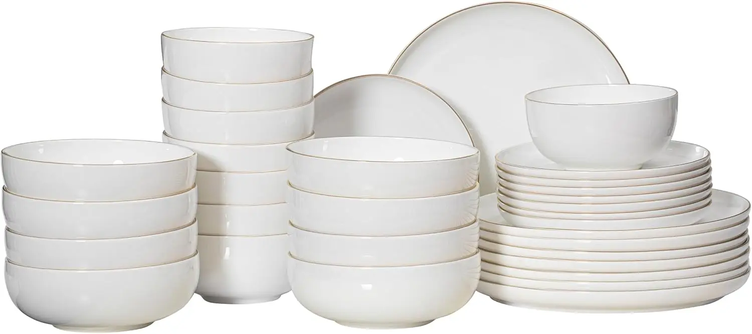 White Bone China Dinnerware Set with Gold Rim, 24-Piece Luxurious Collection, Service for 8, Lightweight and Durable, Includes Dinner Plates, Salad Plates, and Cereal or Soup Bowls