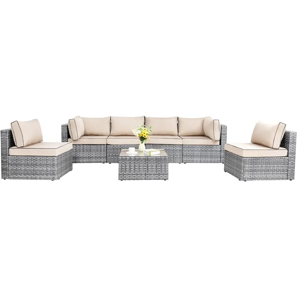 

7 Pieces Outdoor Patio Sectional Sofa Couch, Wicker Furniture Conversation Sets with Washable Cushions & Glass Coffee Table